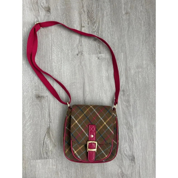 NESS Wool Rich Check Crossbody Bag Satchel Messenger Shoulder Pink Leather Trim - Picture 9 of 9